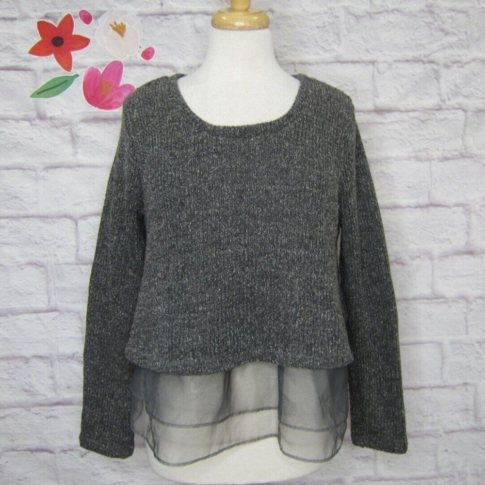 JOA Los Angeles Gray Sweater w/ Sheer Layered Hem Women's Size M